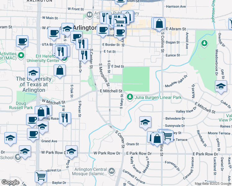 map of restaurants, bars, coffee shops, grocery stores, and more near 811 South Mesquite Street in Arlington