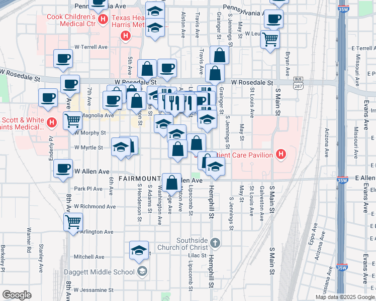 map of restaurants, bars, coffee shops, grocery stores, and more near 1424 Lipscomb Street in Fort Worth