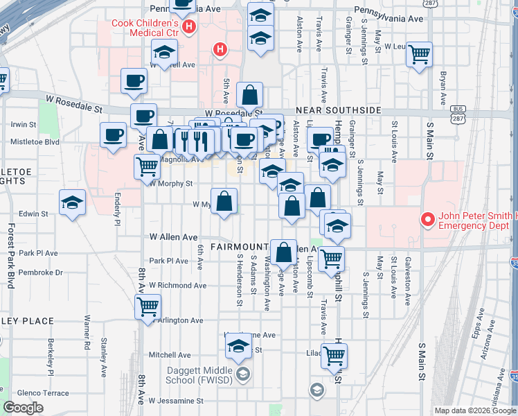 map of restaurants, bars, coffee shops, grocery stores, and more near 1421 South Adams Street in Fort Worth