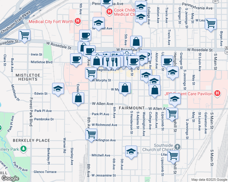 map of restaurants, bars, coffee shops, grocery stores, and more near 1420 South Lake Street in Fort Worth