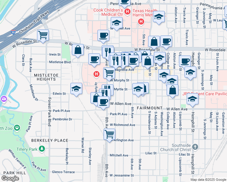map of restaurants, bars, coffee shops, grocery stores, and more near 1419 Hurley Avenue in Fort Worth