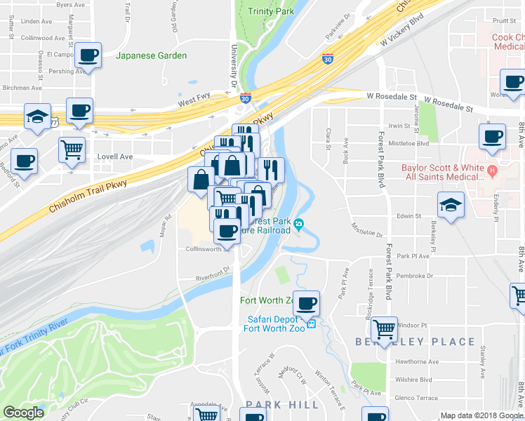 map of restaurants, bars, coffee shops, grocery stores, and more near 1541 Merrimac Circle in Fort Worth