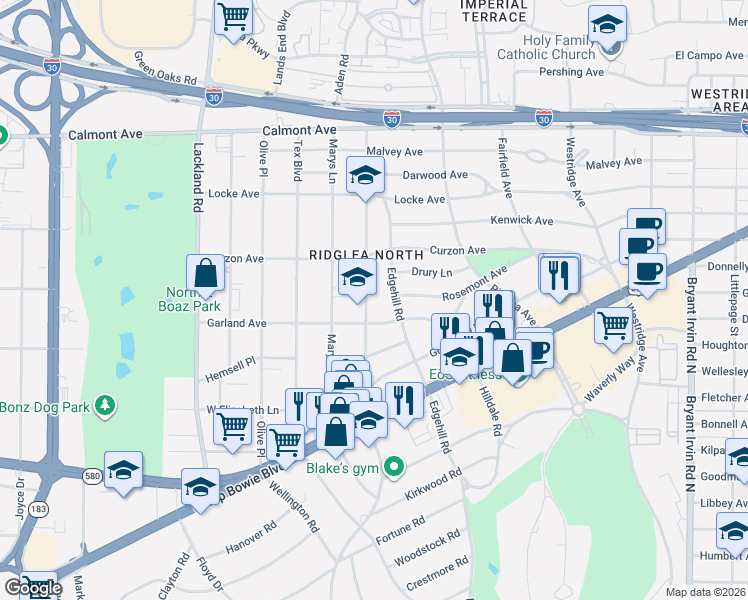 map of restaurants, bars, coffee shops, grocery stores, and more near 3128 Edgehill Road in Fort Worth
