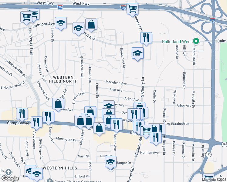 map of restaurants, bars, coffee shops, grocery stores, and more near 8118 Julie Avenue in Fort Worth
