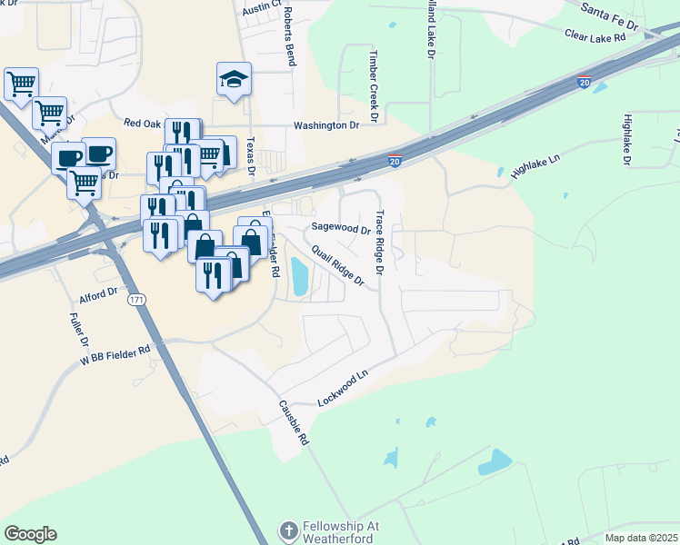 map of restaurants, bars, coffee shops, grocery stores, and more near 2202 Quail Ridge Drive in Weatherford