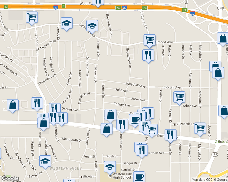 map of restaurants, bars, coffee shops, grocery stores, and more near 8118 Julie Avenue in Fort Worth
