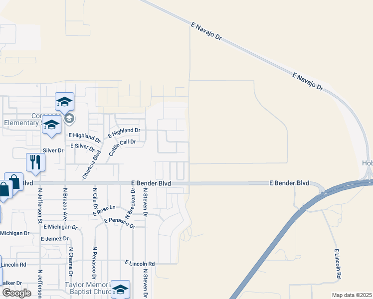map of restaurants, bars, coffee shops, grocery stores, and more near 2128 Heritage Lane in Hobbs