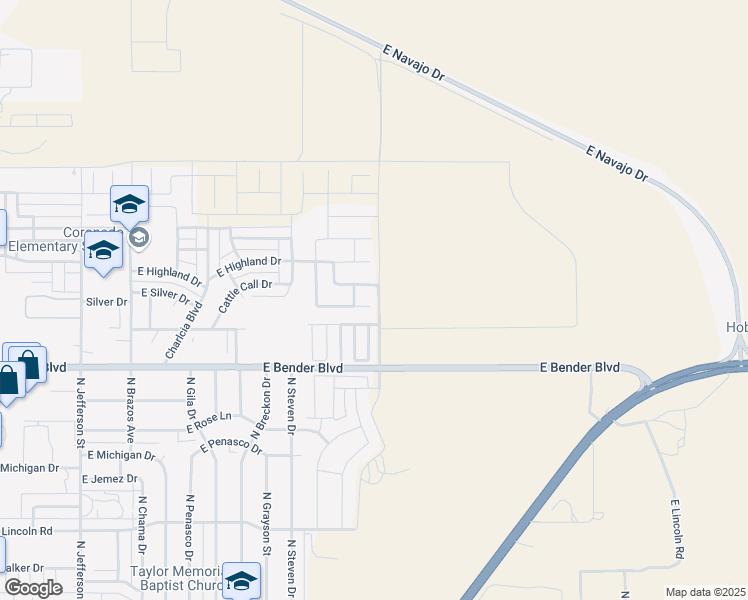map of restaurants, bars, coffee shops, grocery stores, and more near 2128 Heritage Lane in Hobbs