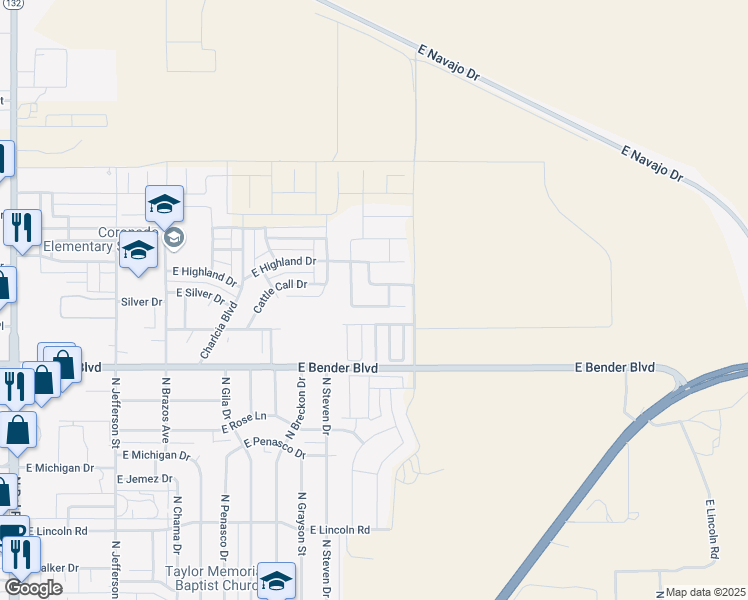 map of restaurants, bars, coffee shops, grocery stores, and more near 2032 Heritage Lane in Hobbs