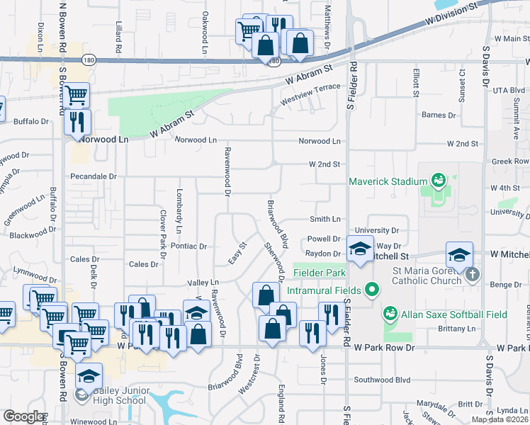 map of restaurants, bars, coffee shops, grocery stores, and more near 708 Briarwood Boulevard in Arlington