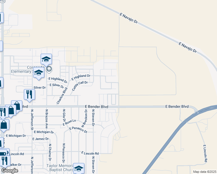map of restaurants, bars, coffee shops, grocery stores, and more near 2038 Heritage Lane in Hobbs