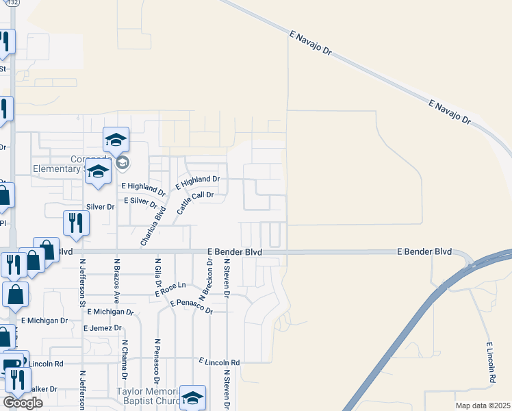 map of restaurants, bars, coffee shops, grocery stores, and more near 2026 Heritage Lane in Hobbs