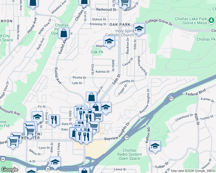 map of restaurants, bars, coffee shops, grocery stores, and more near 2136 54th Street in San Diego
