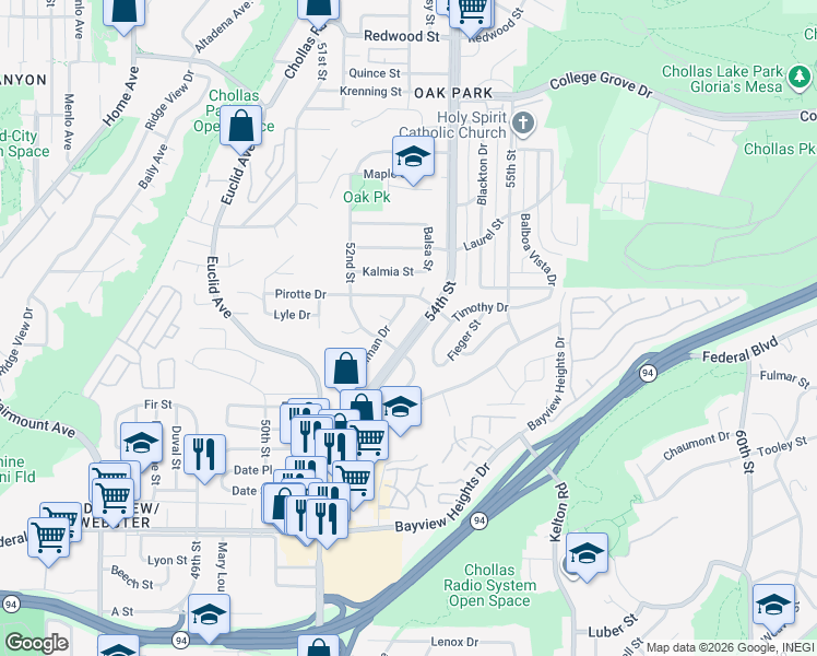 map of restaurants, bars, coffee shops, grocery stores, and more near 2136 54th Street in San Diego