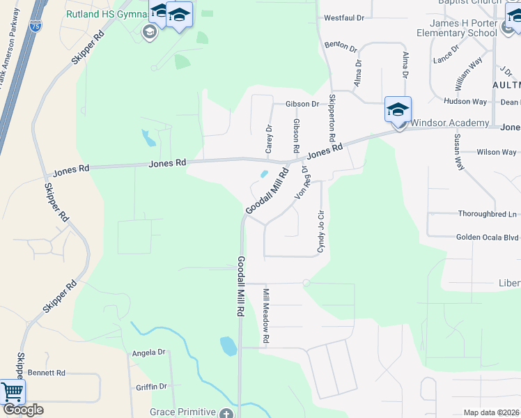 map of restaurants, bars, coffee shops, grocery stores, and more near 6663 Goodall Mill Road in Macon