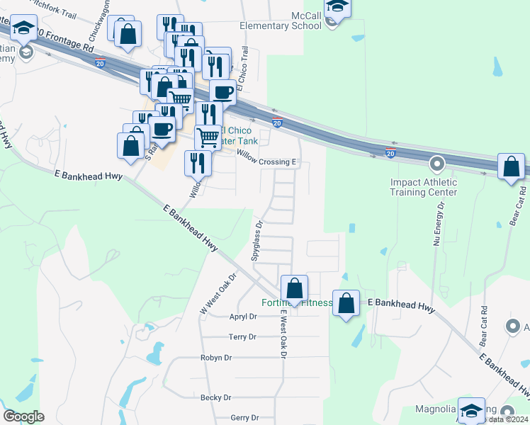 map of restaurants, bars, coffee shops, grocery stores, and more near 286 Spyglass Drive in Willow Park