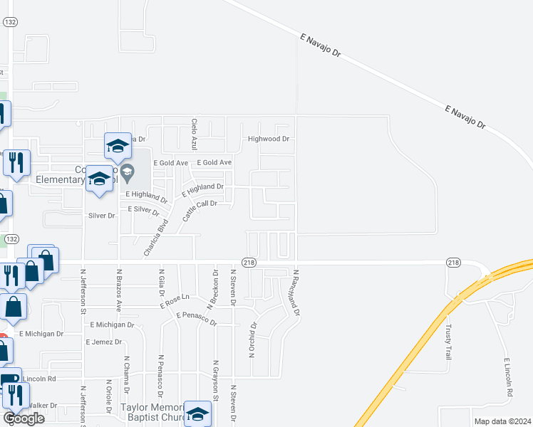 map of restaurants, bars, coffee shops, grocery stores, and more near 2032 Heritage Lane in Hobbs