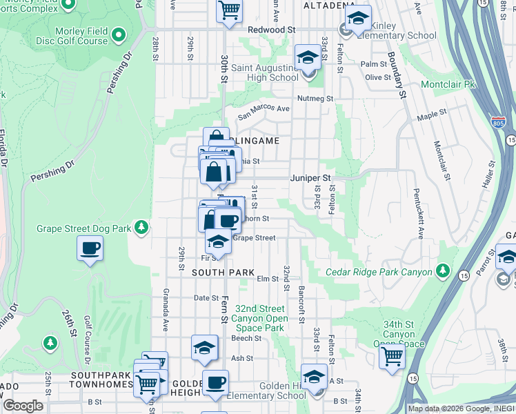 map of restaurants, bars, coffee shops, grocery stores, and more near 2129 31st Street in San Diego