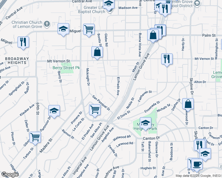 map of restaurants, bars, coffee shops, grocery stores, and more near 2108 El Prado Avenue in Lemon Grove