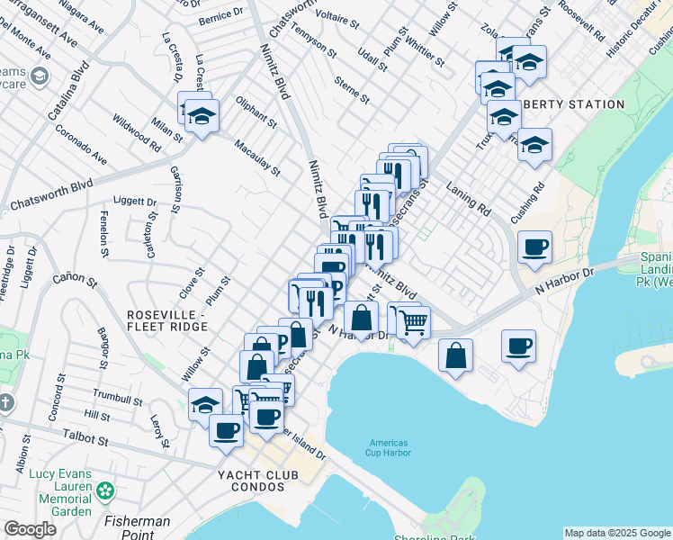 map of restaurants, bars, coffee shops, grocery stores, and more near 1666 Rosecrans Street in San Diego