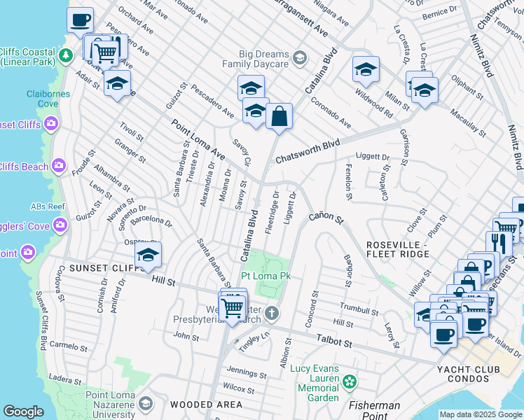 map of restaurants, bars, coffee shops, grocery stores, and more near 1232 Fleetridge Drive in San Diego