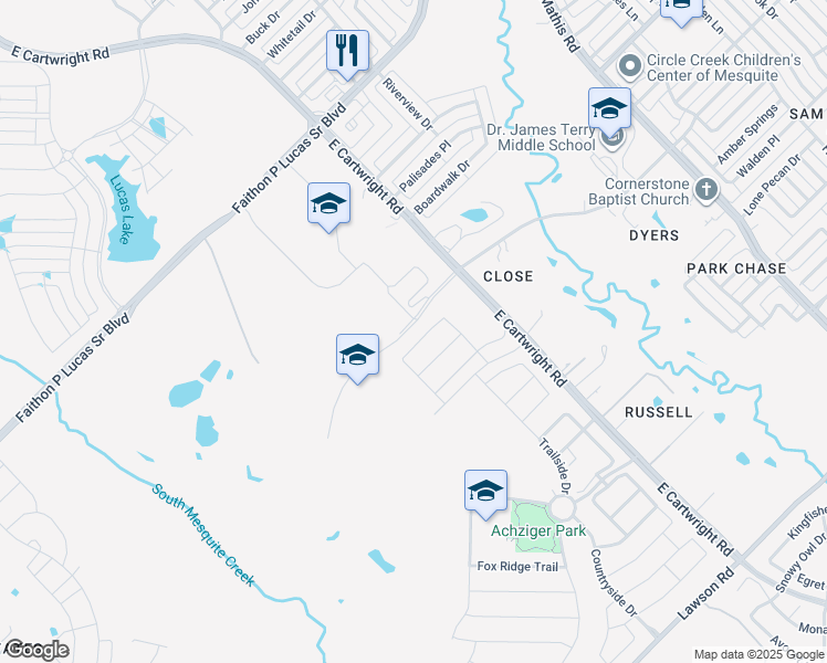 map of restaurants, bars, coffee shops, grocery stores, and more near 3701 East Cartwright Road in Mesquite