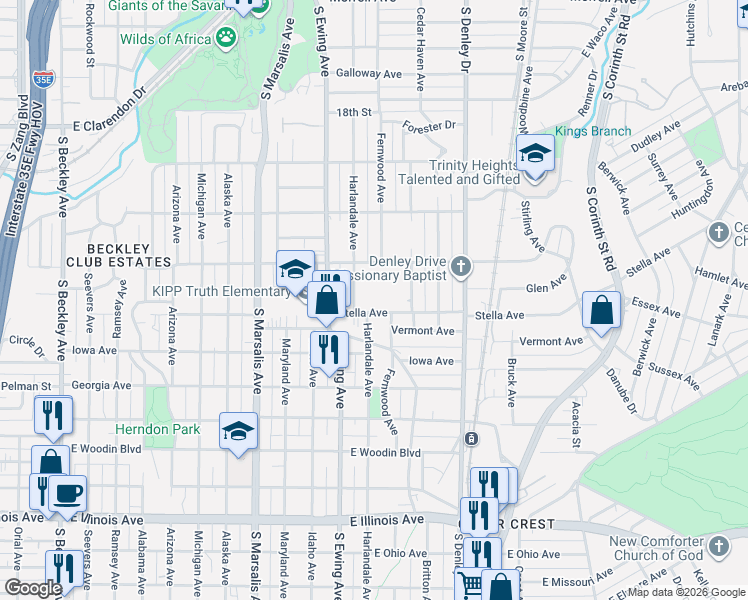 map of restaurants, bars, coffee shops, grocery stores, and more near 1526 Harlandale Avenue in Dallas