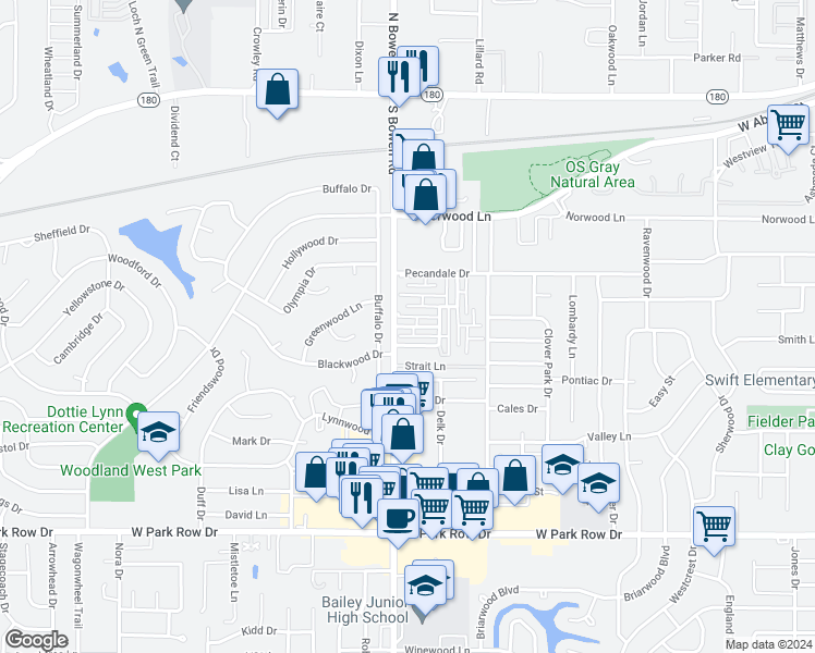 map of restaurants, bars, coffee shops, grocery stores, and more near 2451 North Graham Drive in Arlington
