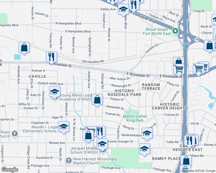 map of restaurants, bars, coffee shops, grocery stores, and more near 5525 Wainwright Drive in Fort Worth