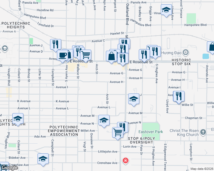 map of restaurants, bars, coffee shops, grocery stores, and more near 4102 Avenue H in Fort Worth