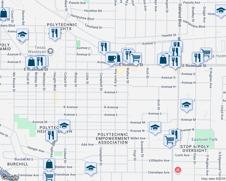 map of restaurants, bars, coffee shops, grocery stores, and more near 3618 Avenue H in Fort Worth
