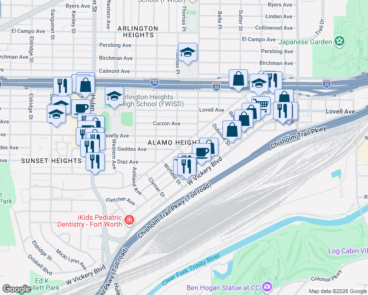 map of restaurants, bars, coffee shops, grocery stores, and more near 4129 Alamo Avenue in Fort Worth