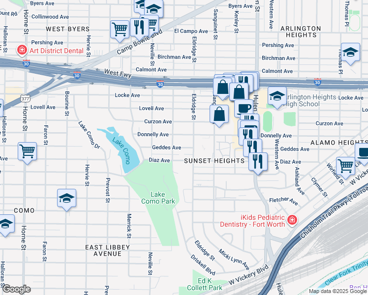 map of restaurants, bars, coffee shops, grocery stores, and more near 4900 Geddes Avenue in Fort Worth