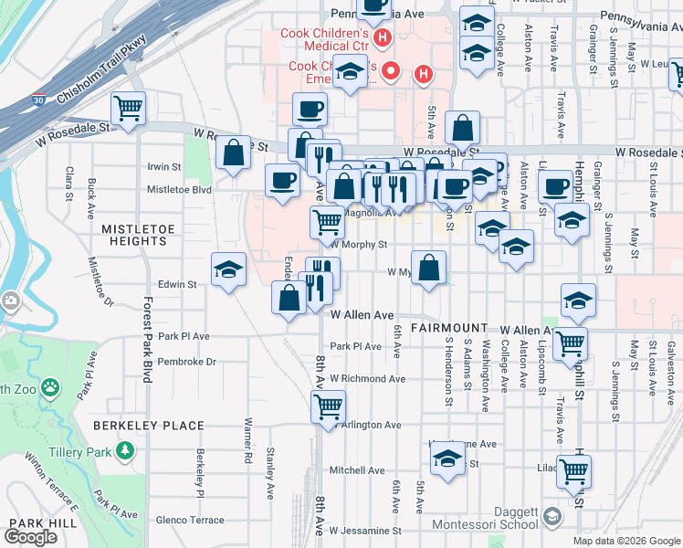 map of restaurants, bars, coffee shops, grocery stores, and more near 1419 Hurley Avenue in Fort Worth