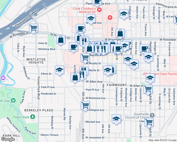 map of restaurants, bars, coffee shops, grocery stores, and more near 1419 Hurley Avenue in Fort Worth