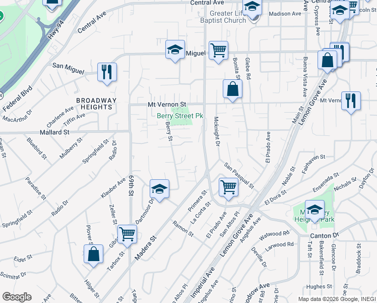 map of restaurants, bars, coffee shops, grocery stores, and more near 7077 Russan Lane in Lemon Grove