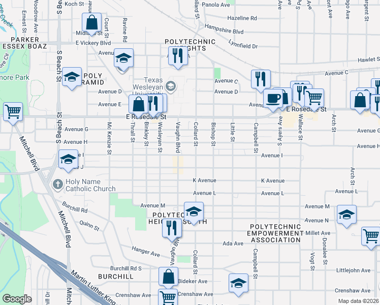 map of restaurants, bars, coffee shops, grocery stores, and more near 3301 Avenue I in Fort Worth
