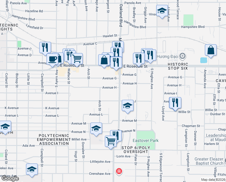 map of restaurants, bars, coffee shops, grocery stores, and more near 4132 Avenue H in Fort Worth