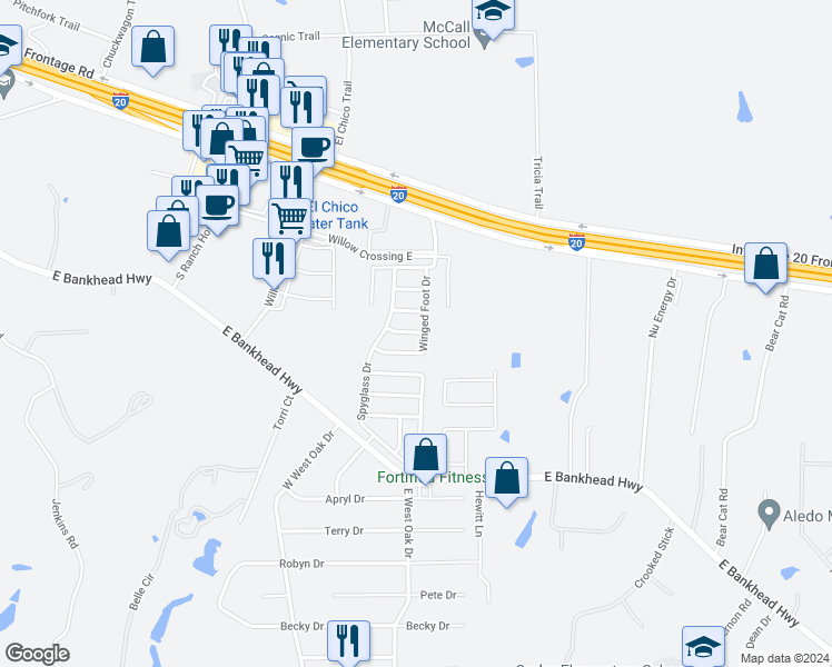 map of restaurants, bars, coffee shops, grocery stores, and more near 105 Firestone Drive in Willow Park