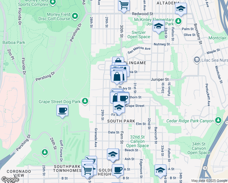 map of restaurants, bars, coffee shops, grocery stores, and more near 2225 30th Street in San Diego