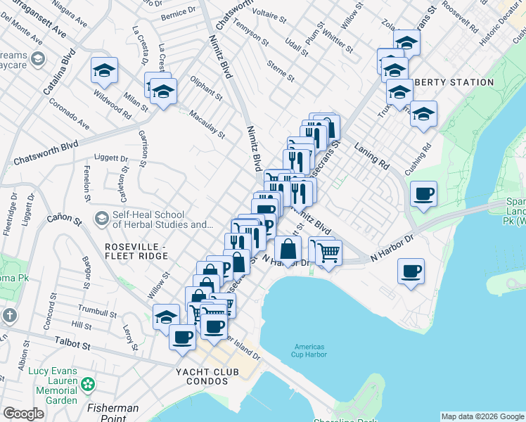 map of restaurants, bars, coffee shops, grocery stores, and more near 3110 Jarvis Street in San Diego