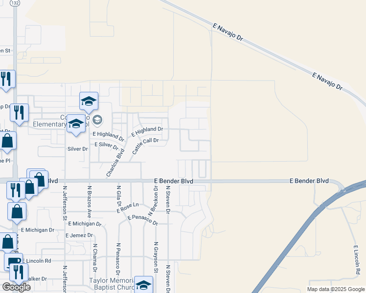map of restaurants, bars, coffee shops, grocery stores, and more near 2512 North Green Valley Trail in Hobbs