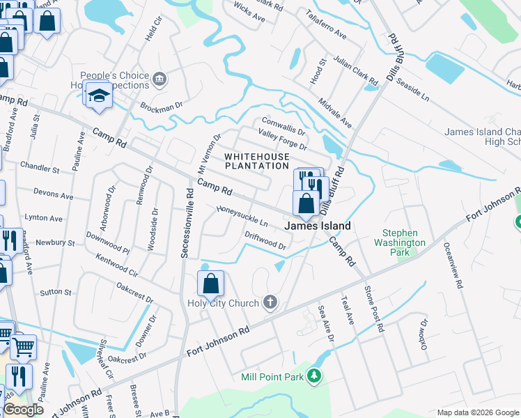 map of restaurants, bars, coffee shops, grocery stores, and more near 1310 Camp Road in Charleston