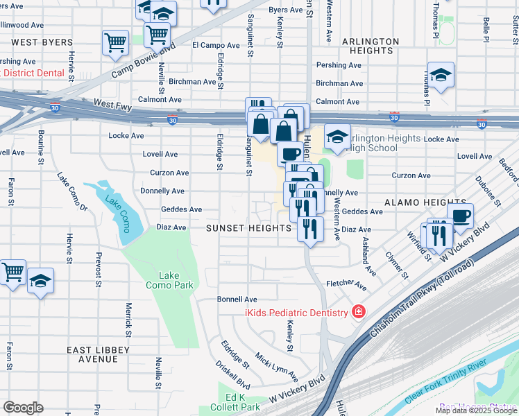 map of restaurants, bars, coffee shops, grocery stores, and more near 3245 Donnelly Circle in Fort Worth