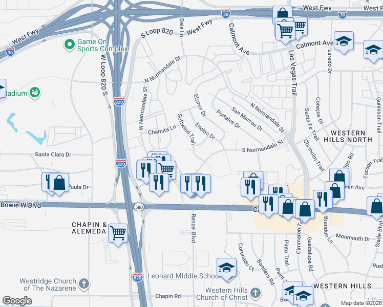 map of restaurants, bars, coffee shops, grocery stores, and more near 3100 Softwind Trail in Fort Worth