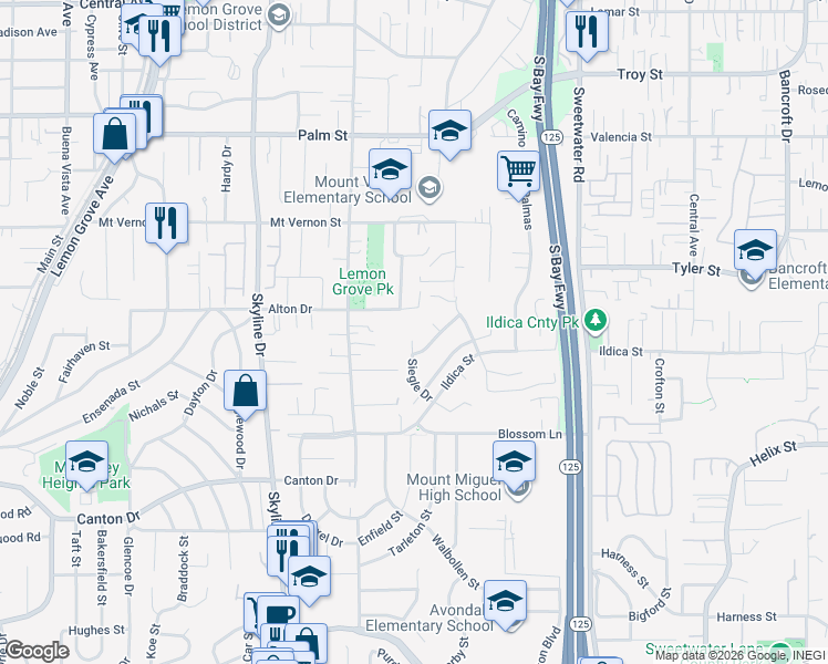 map of restaurants, bars, coffee shops, grocery stores, and more near 2123 Siegle Court in Lemon Grove