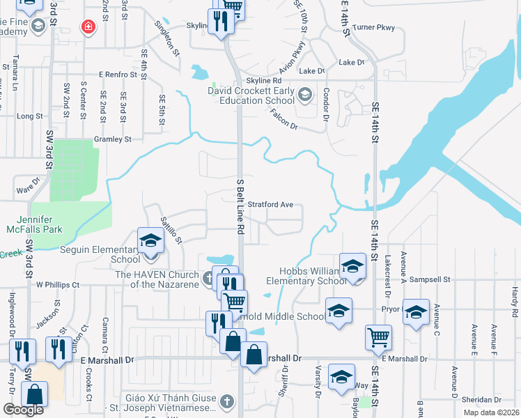 map of restaurants, bars, coffee shops, grocery stores, and more near 809 Stratford Avenue in Grand Prairie