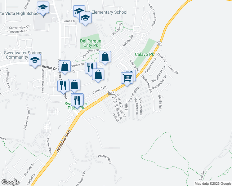 map of restaurants, bars, coffee shops, grocery stores, and more near 10605 Jamacha Boulevard in Spring Valley