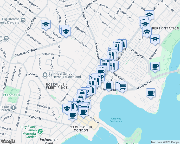 map of restaurants, bars, coffee shops, grocery stores, and more near 3220 Ingelow Street in San Diego