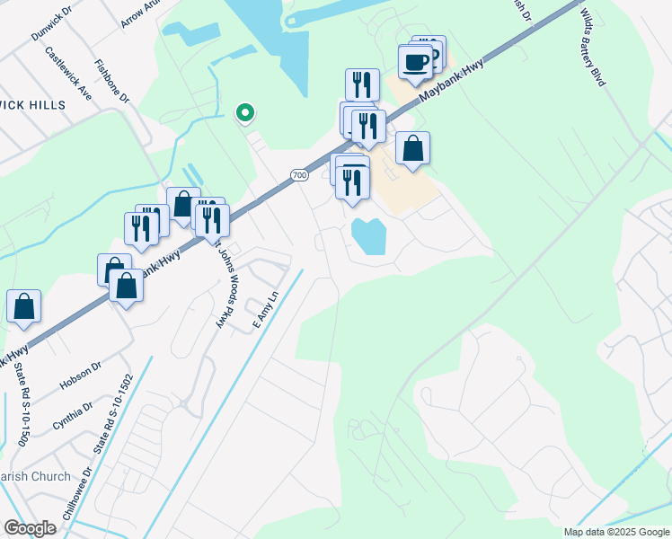 map of restaurants, bars, coffee shops, grocery stores, and more near 3241 Hartwell Street in Johns Island